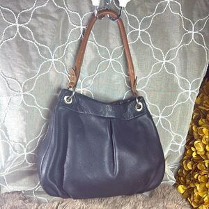 Coldwater Creek Black Pebbled Leather HoboShoulder Handbag Purse w/ Brown Strap